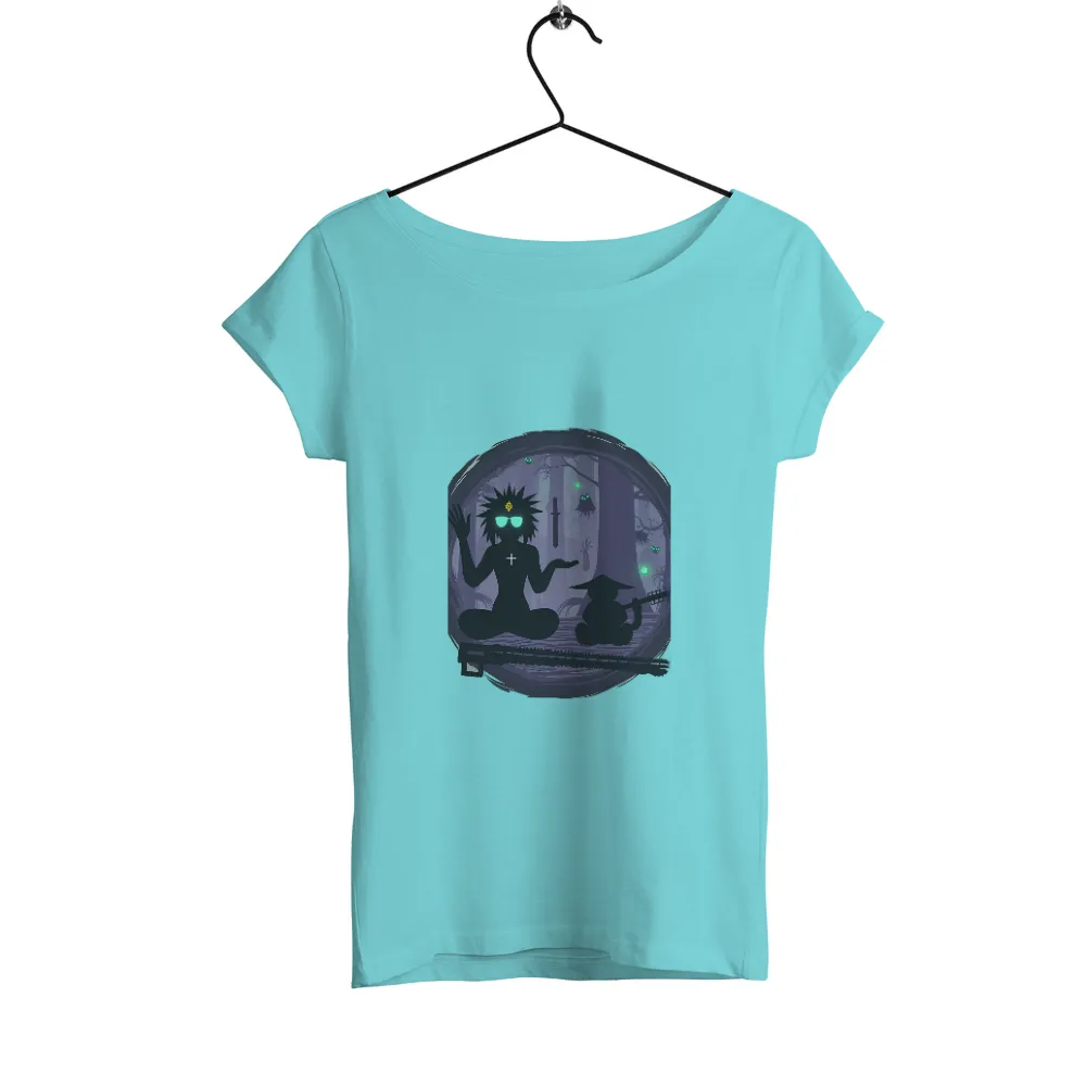 Shirts Graphic Tees: Mystical Forest Adventure with Glowing Orbs and Guitar|Silhouette character with glowing eyes