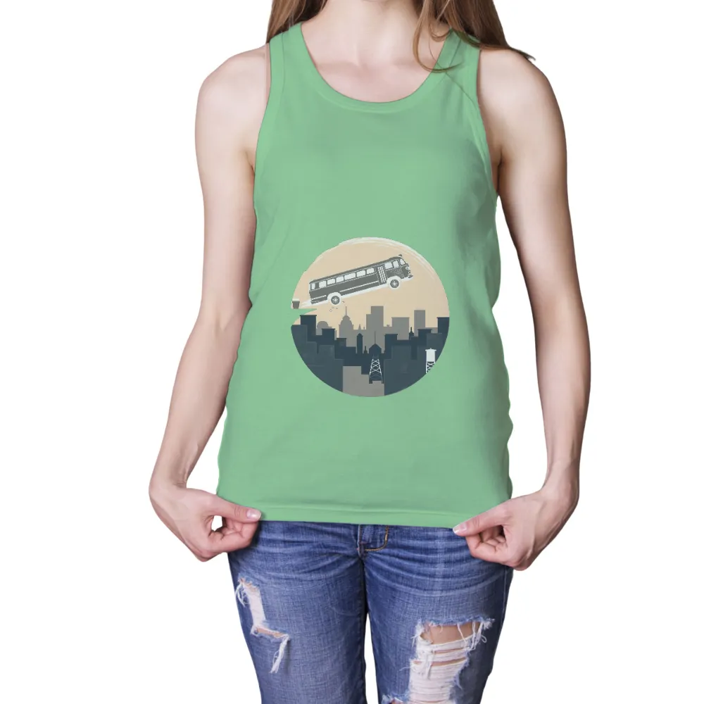 Custom T-Shirt Printing: Vintage Bus Soaring Over Cityscape|adventure time star wars shirt