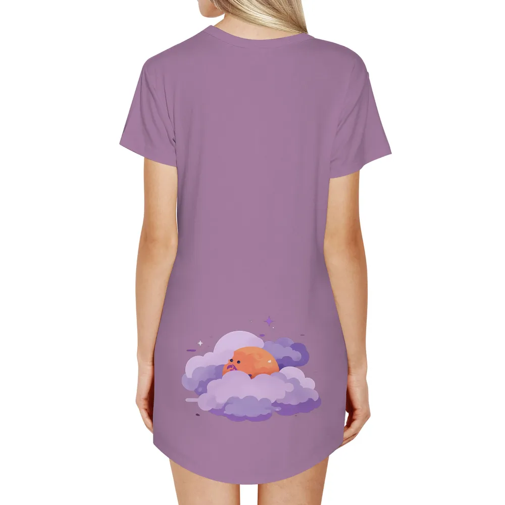 Whimsical Fantasy T-Shirt Printing | Enchanting Orange Character in Purple Clouds| large expressive eyes