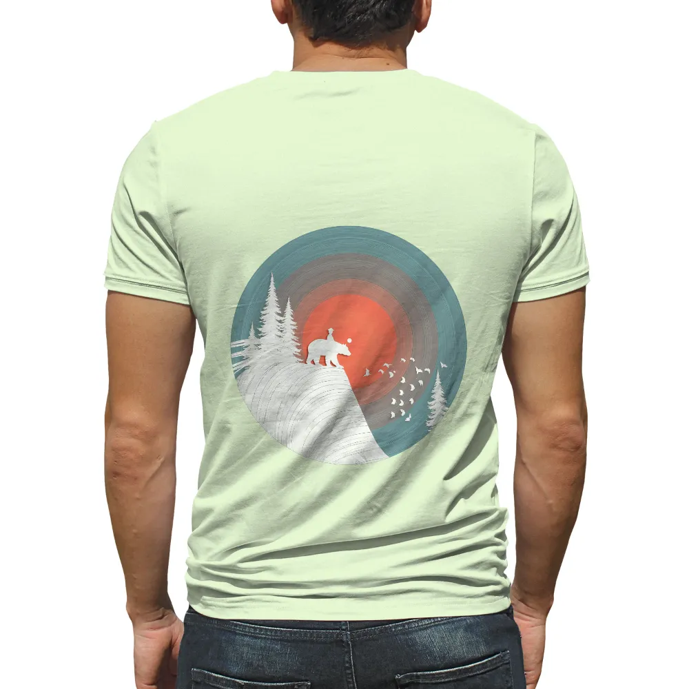 Shirts Graphic Tees: Man Riding Bear - Adventure and Nature Harmony| snowy terrain