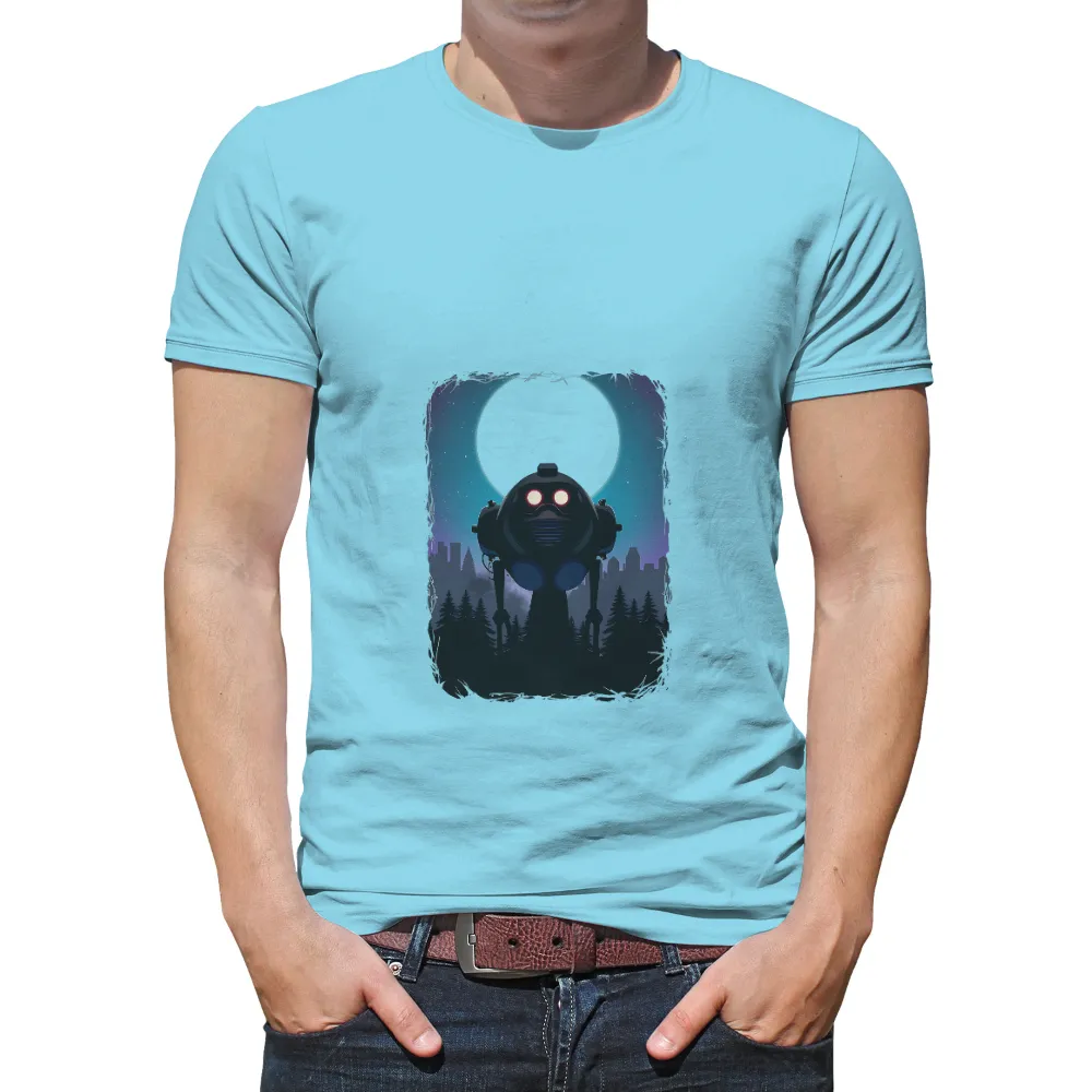 T-Shirts Custom: Cyberpunk Robot Guardian | Night Watcher| robot with a city skyline in the background