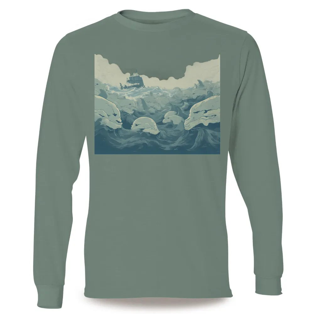 TShirt Design: Dolphins Guiding the Ship Through Storms|sun protection clothes for adults