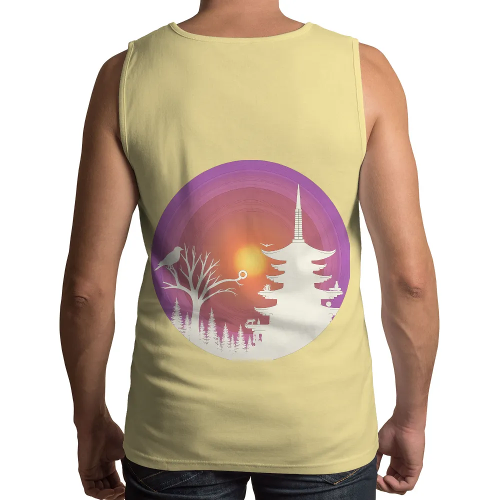 T-Shirt Printing: Serene Pagoda Sunset - Artistic Design| bare tree