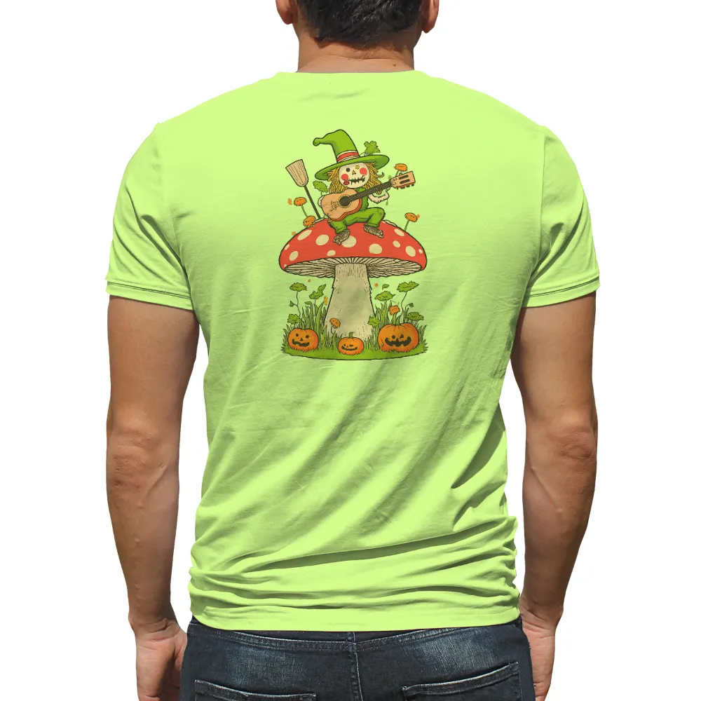 T-Shirts Pattern: Whimsical Scarecrow Playing Guitar on Mushroom|animal crossing music fest shirt