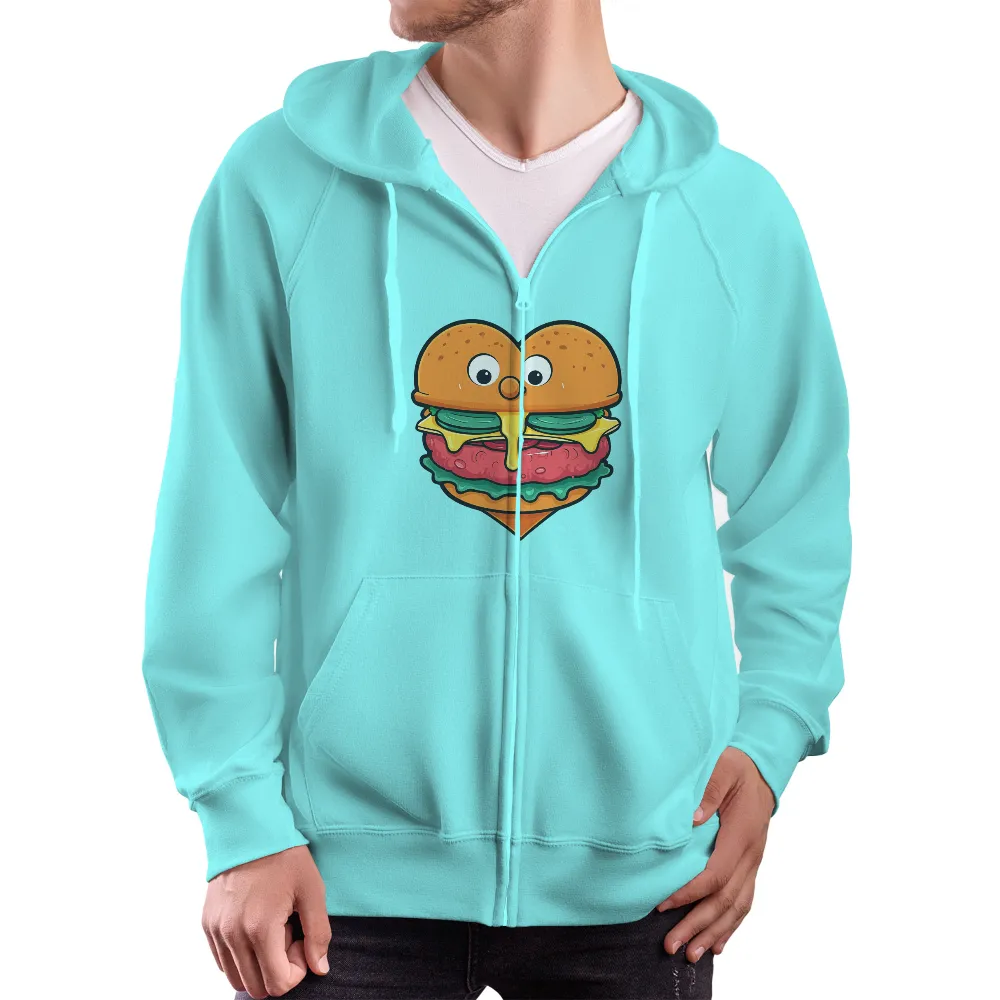 Customized Tee Shirts: Whimsical Heart Burger | Comfort Food Love|Heart-shaped burger with dripping cheese