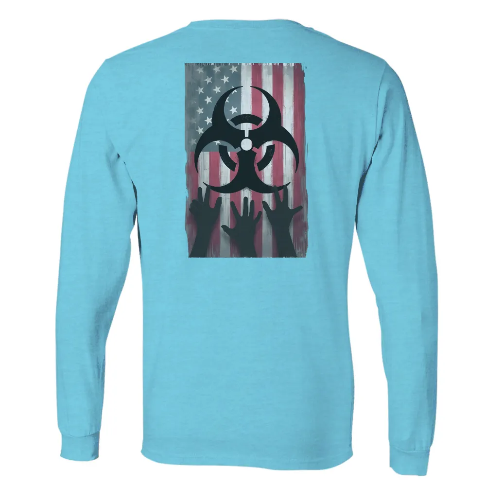 TShirt Design: Biohazard Symbol on Distressed American Flag| shadowy hands