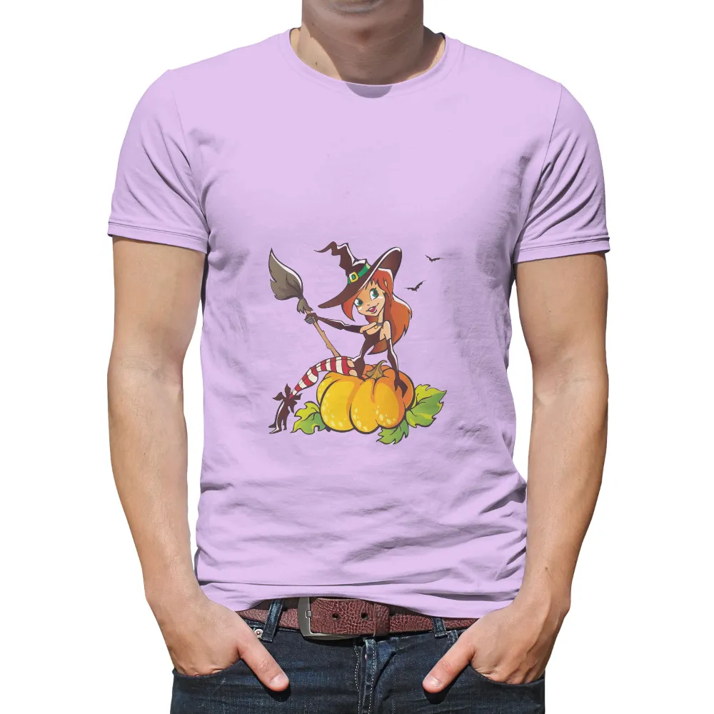 Shirts Graphic Tees: Witch on Pumpkin - Whimsical Halloween Design|cool men's halloween shirts