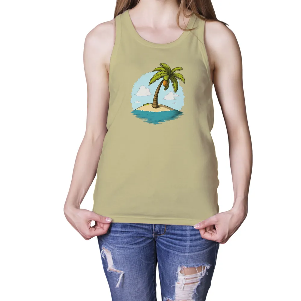 Serenity Island: Tee Shirt Printing with Palm Tree and Coconut|chambray summer tops