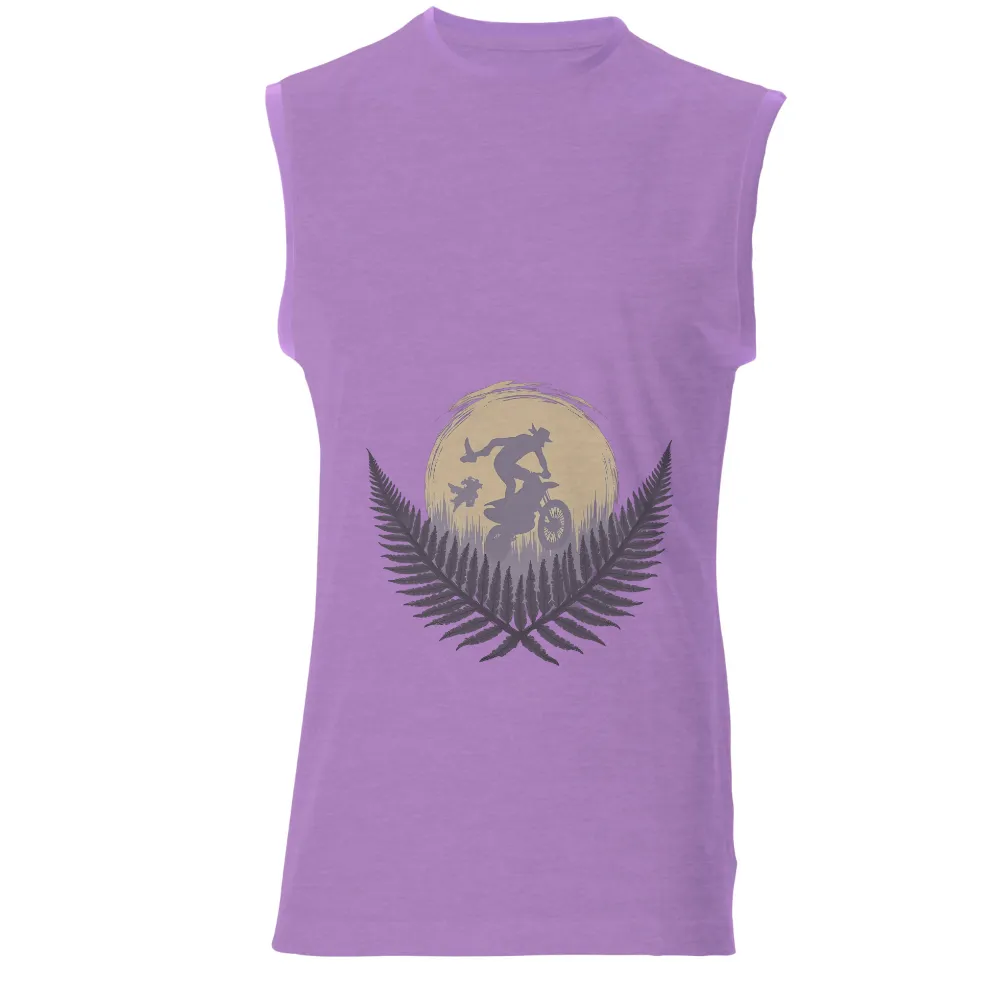 T-Shirts Pattern: Adventure in the Moonlight with Biker and Fern Leaves|Biker performing a stunt