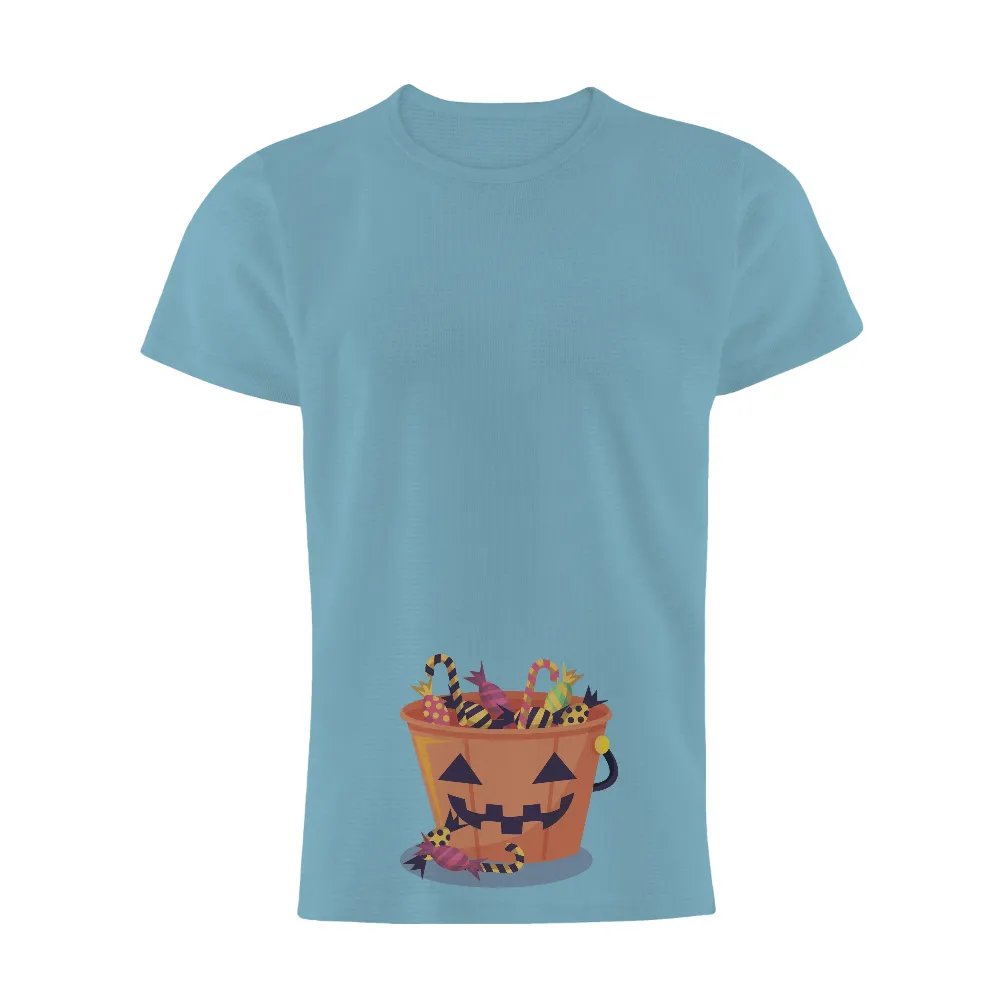 T-Shirts Custom: Halloween Pumpkin Bucket Candy Festive Design|black shirt bleach tie dye halloween