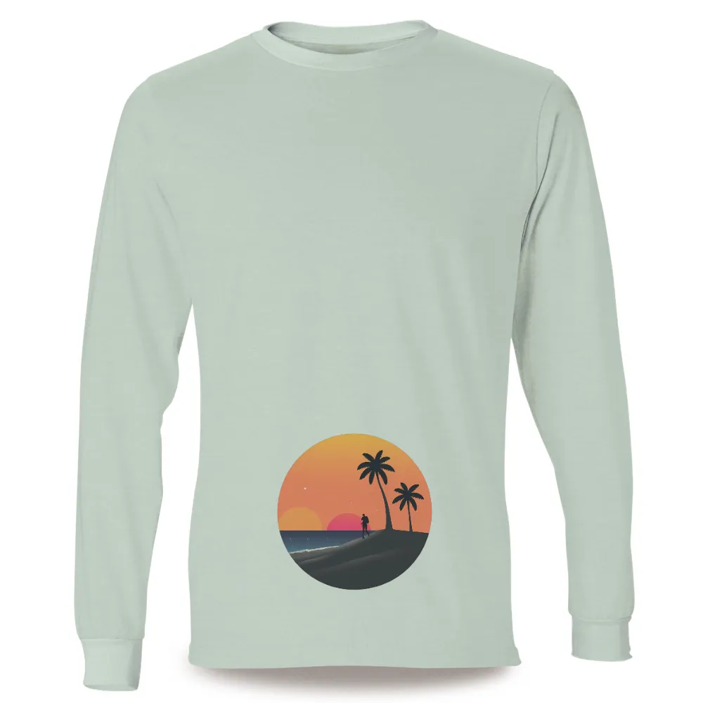 Tee Shirt Printing: Serene Beach Stroll - Minimalist Sunset Design|beach art t shirts