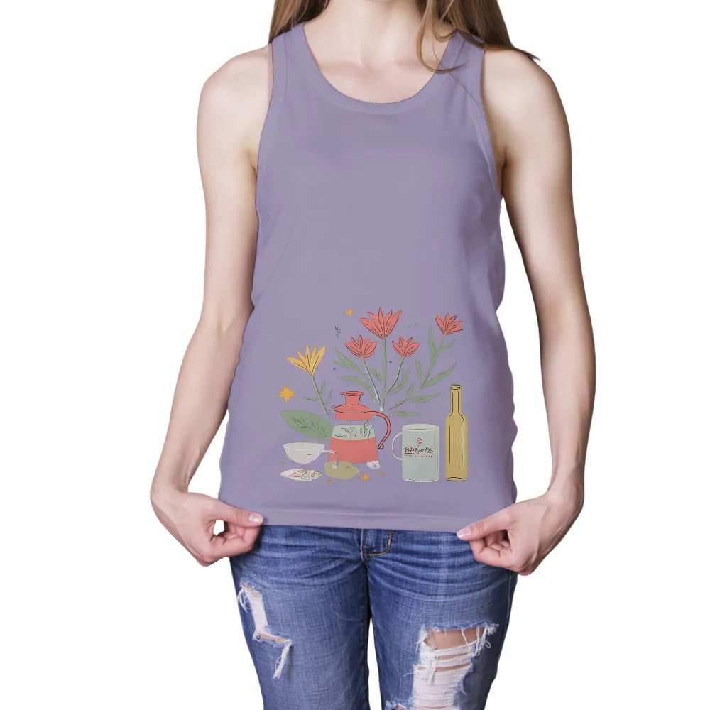 Tee Shirt Printing: Cozy Evening Gathering with Teapot and Flowers|burnt shirt wine tasting