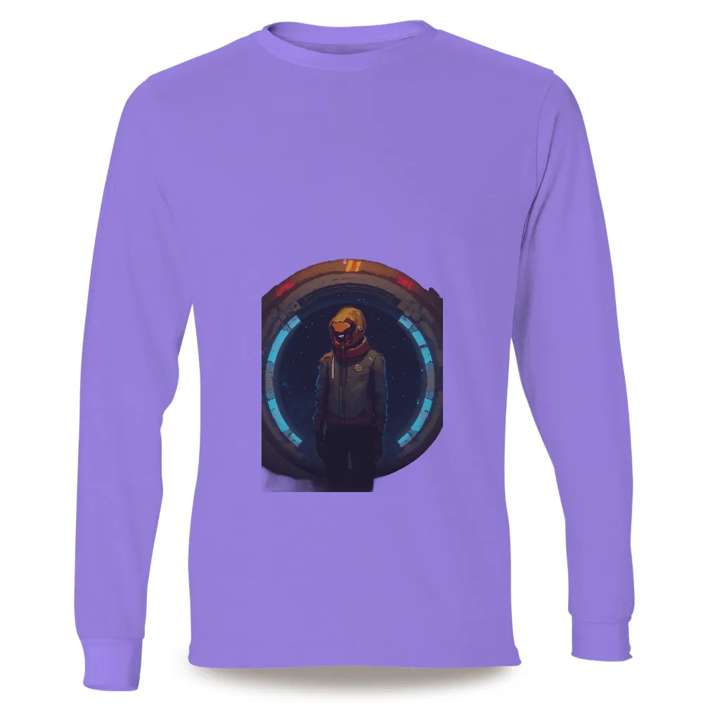 T-Shirts Custom: Alien Horror in Cyberpunk Space Station| Glowing blue lights in the background