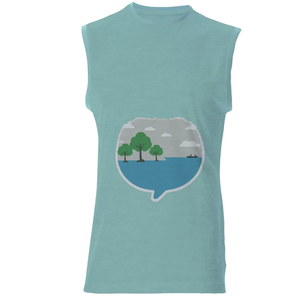 Tee Shirts Printed: Serene Nature Scene | Peaceful Trees and Sea|calm sea