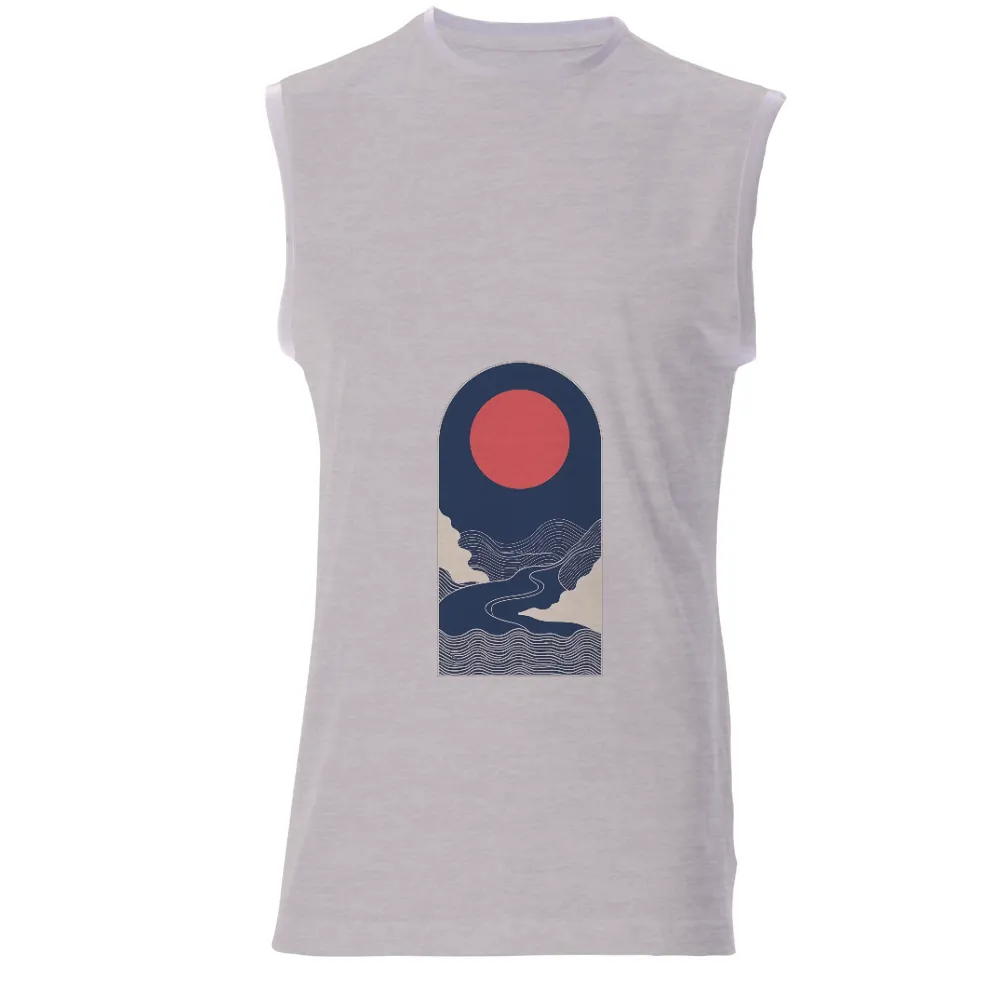 T-Shirts Pattern: Serene Landscape with Red Sun and Winding River| serene landscape