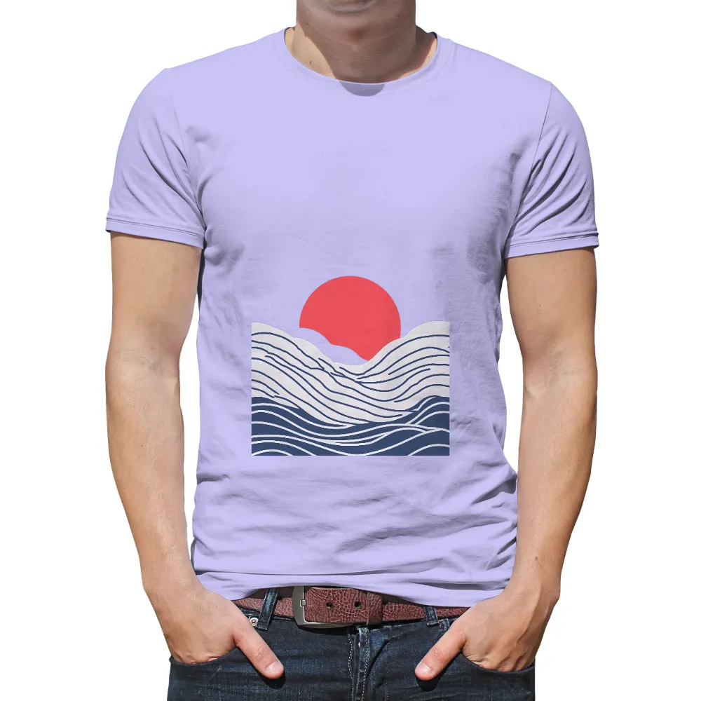 Tee Shirt Printing: Sunset Waves - Embrace Tranquility and Reflection| Rolling waves under a red sun