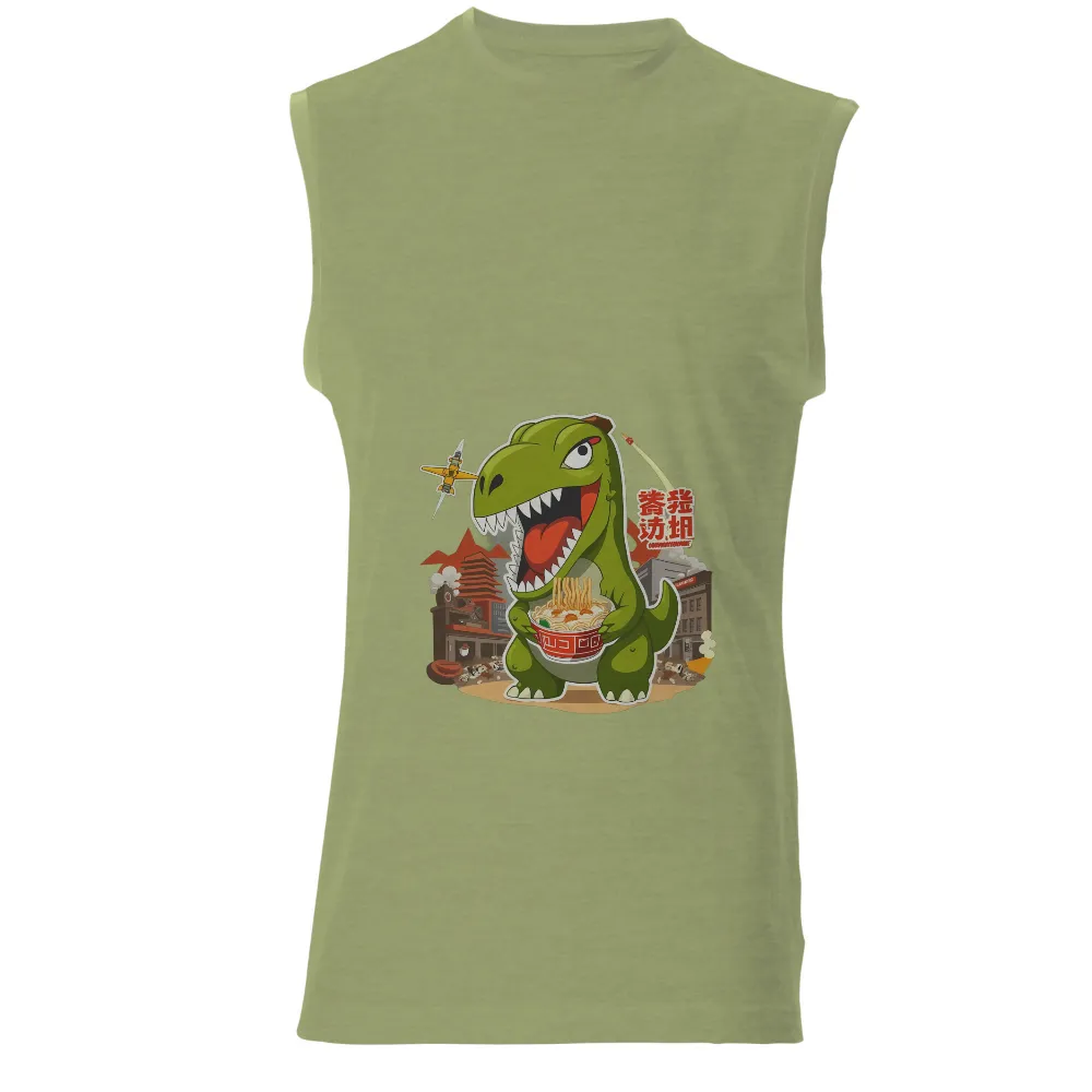 T-Shirts Pattern: T-Rex Loves Ramen - Funny & Quirky Design| steaming bowl of ramen