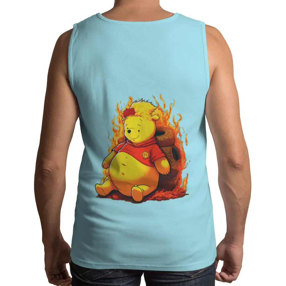 Tee Shirts Printed: Resilient Nostalgia - Beloved Character in Flames|Beloved yellow bear with a red flower