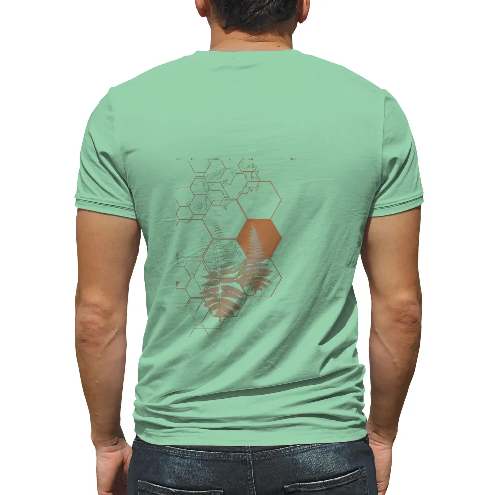 TShirt Design: Nature's Geometry - Fern Leaf & Hexagon Harmony| Warm and deep color contrast