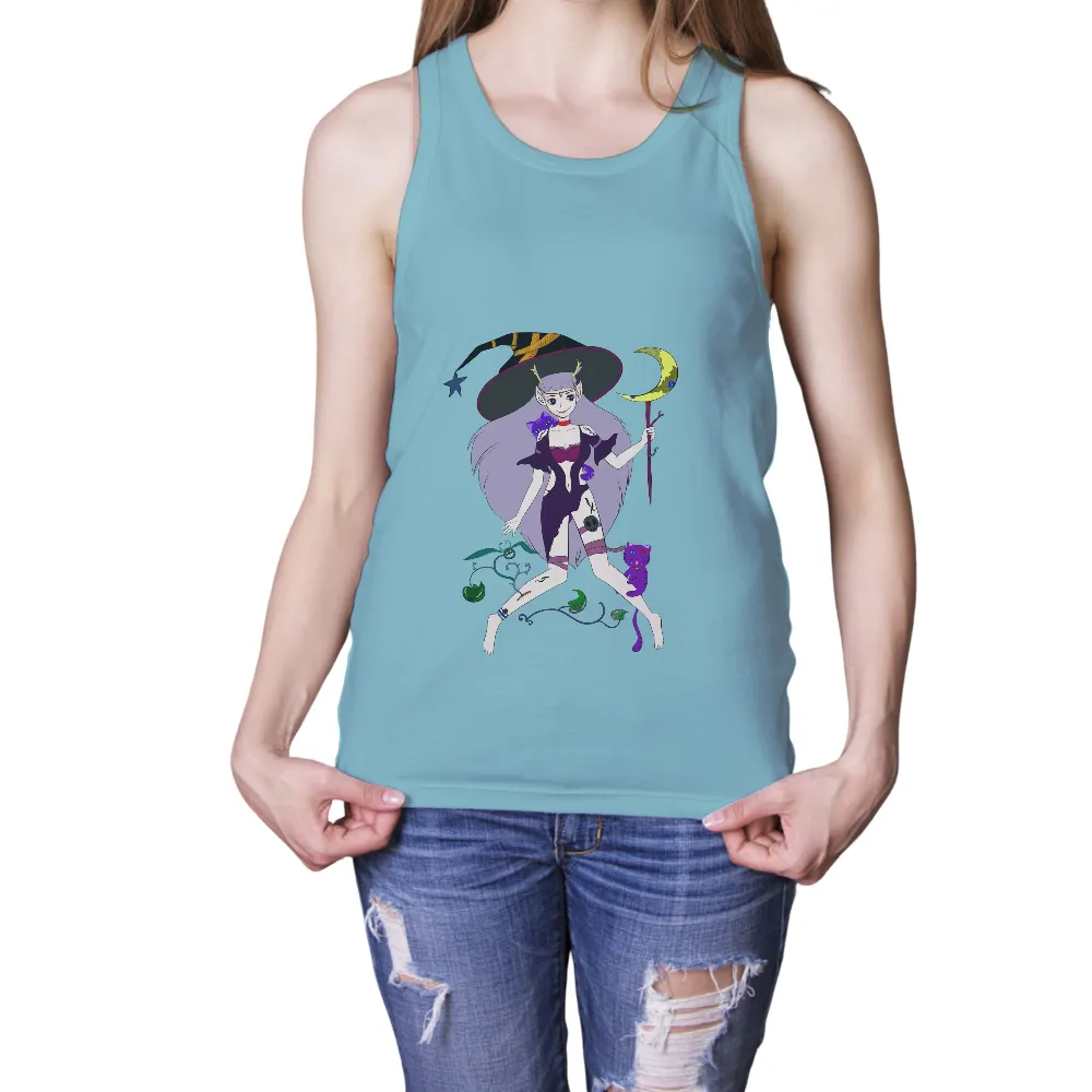 T-Shirts Pattern: Enchanting Witch with Moon and Stars|neon purple t