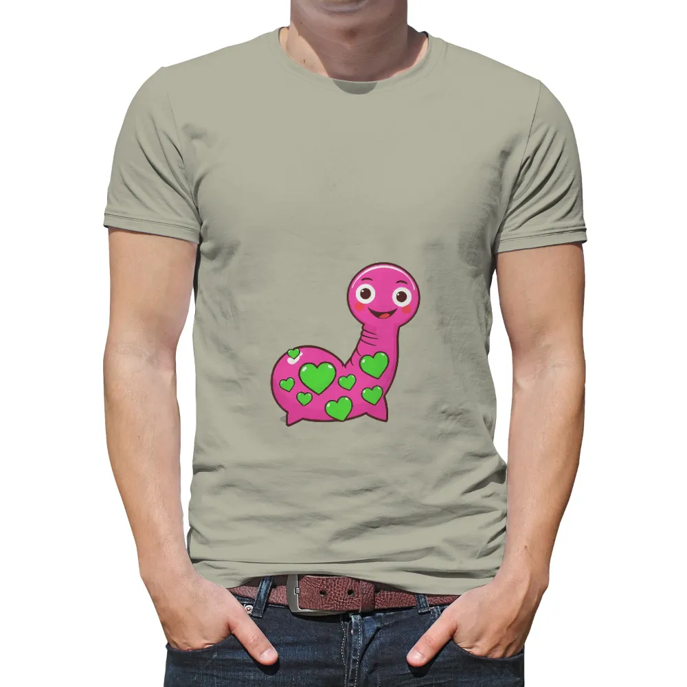 T-Shirts Design: Spread Love and Joy with Wiggly the Worm| Bright green hearts on Wiggly's body