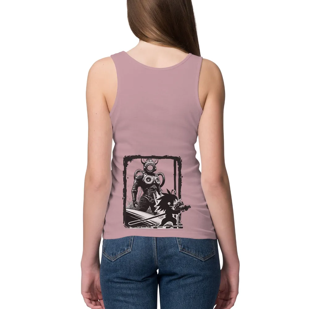 Retro Futuristic T-Shirt Design: Armored Diver and Mischievous Creature| scattered debris