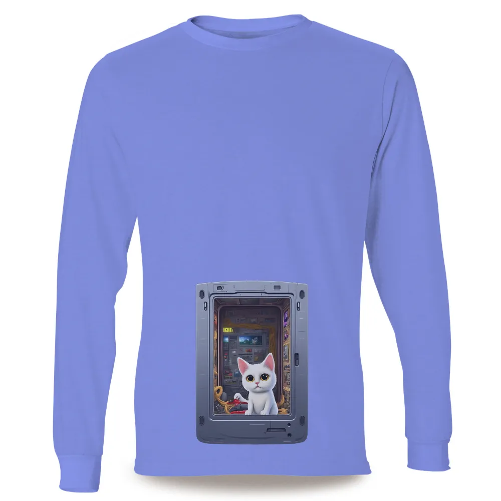 Graphic Tees: White Cat in a Retro Computer - Nostalgic Digital Realm| vintage electronics