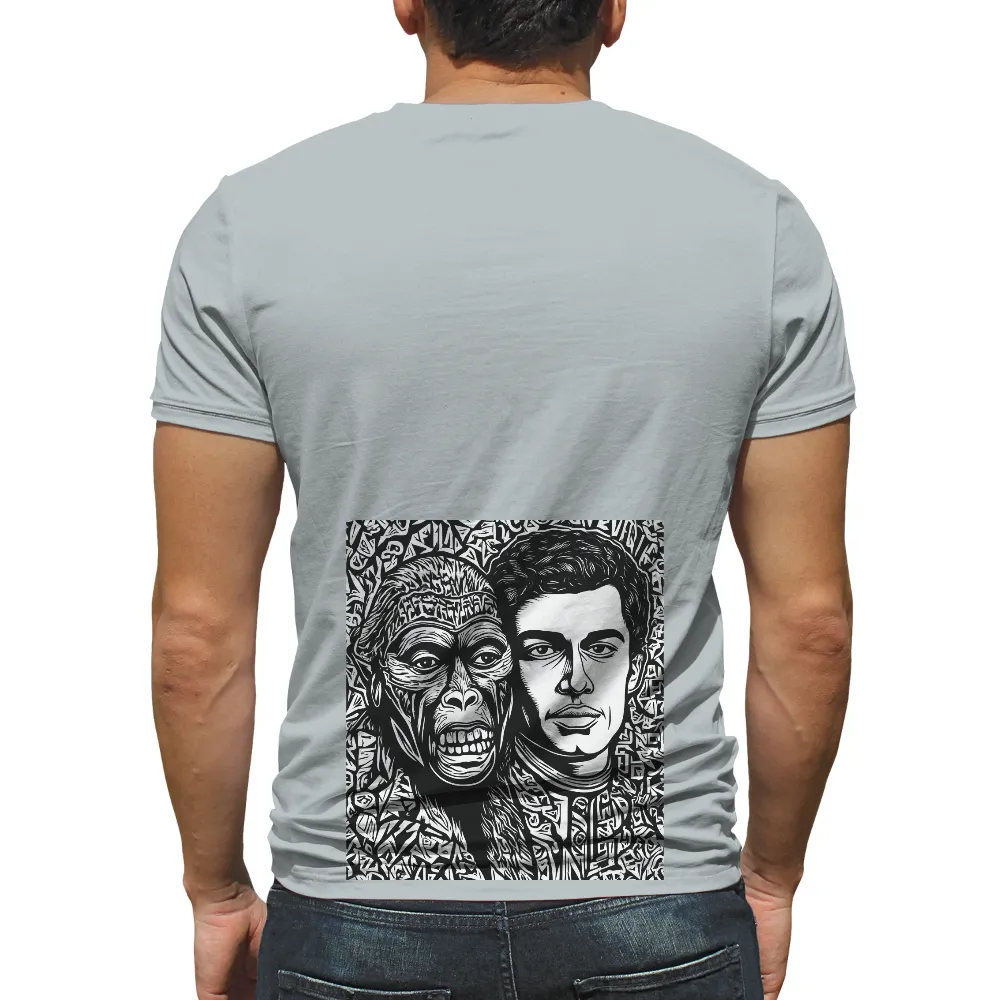 T-Shirts Design: Human and Ape Faces - Thought-Provoking Art|black and white shirt price