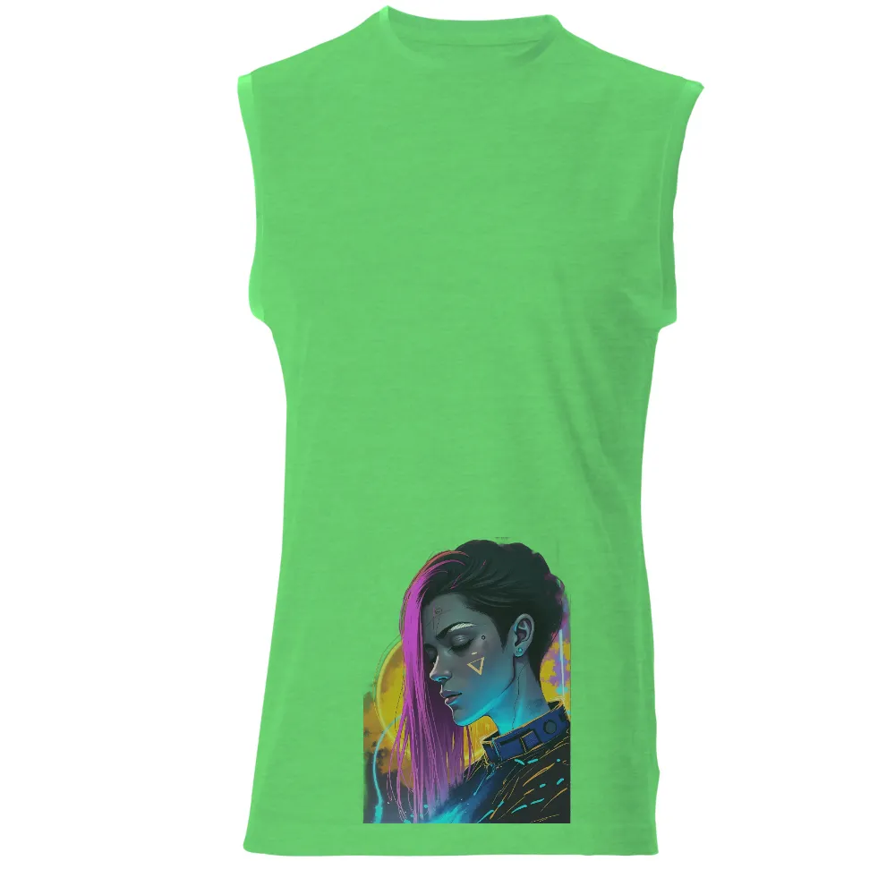 Futuristic Cyberpunk T-Shirt Printing | Neon Lights & Vibrant Colors|Futuristic character with triangular tattoo