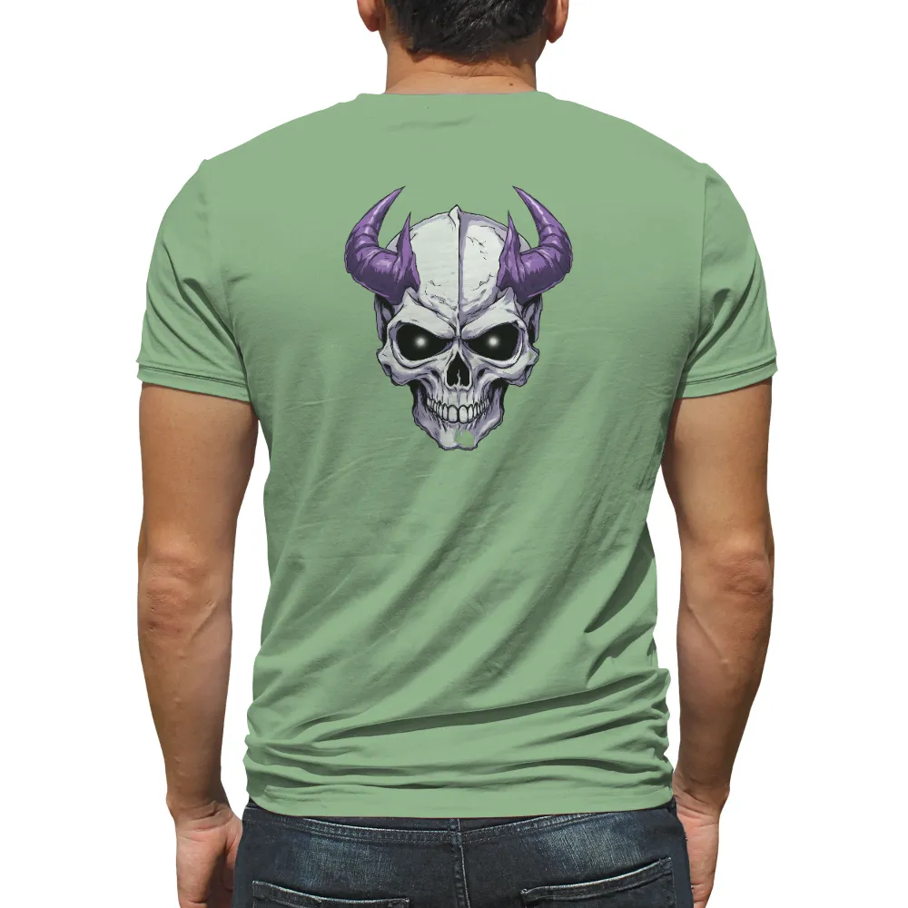 Custom T-Shirt Printing: Embrace the Dark Power with Purple Horned Skull| striking visual contrast