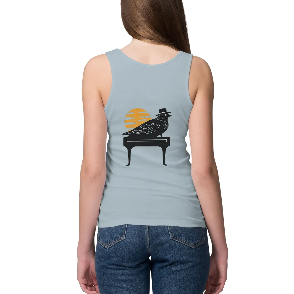 Customized Tee Shirts: Bird on Piano - Whimsical Artistic Design| elegant bird