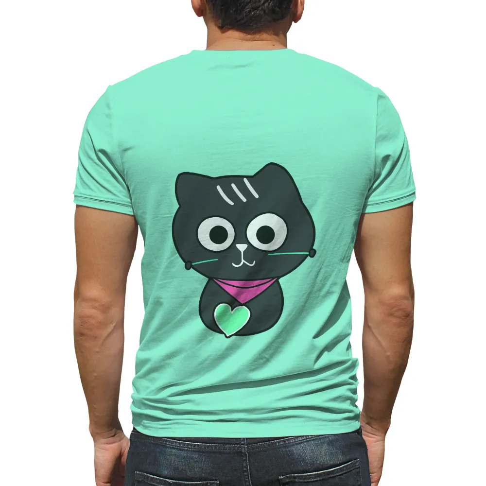 T-Shirts Custom: Whimsical Black Cat with Heart Pendant| Playful black cat illustration