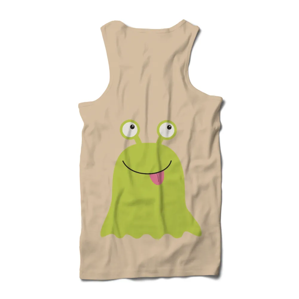 TShirt Design: Whimsical Green Monster with Happy Tongue Out|endor forest summer camp shirt