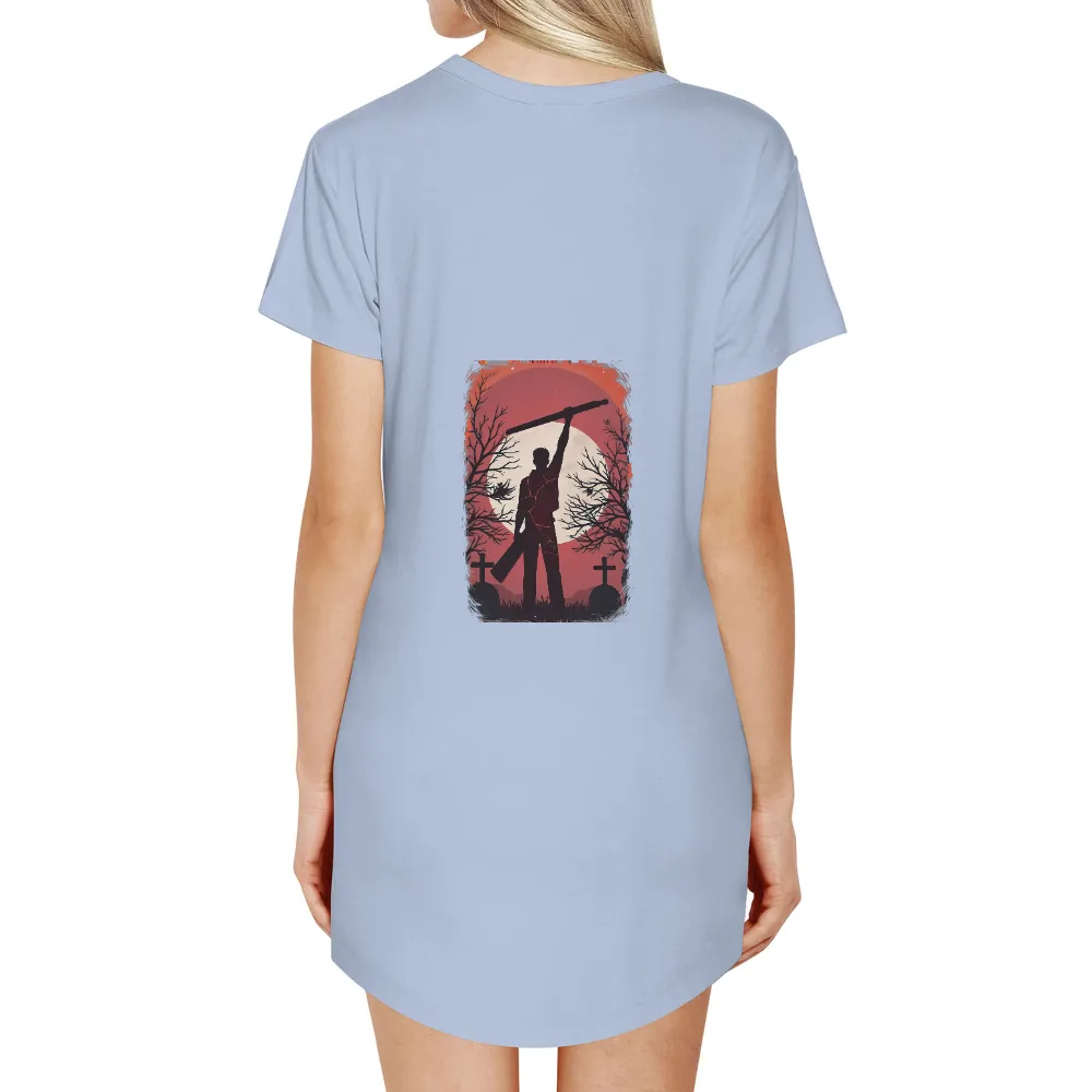 Tee Shirts Printed: Dark Silhouette Against Full Moon - Horror Themed Art|Silhouette holding a long object