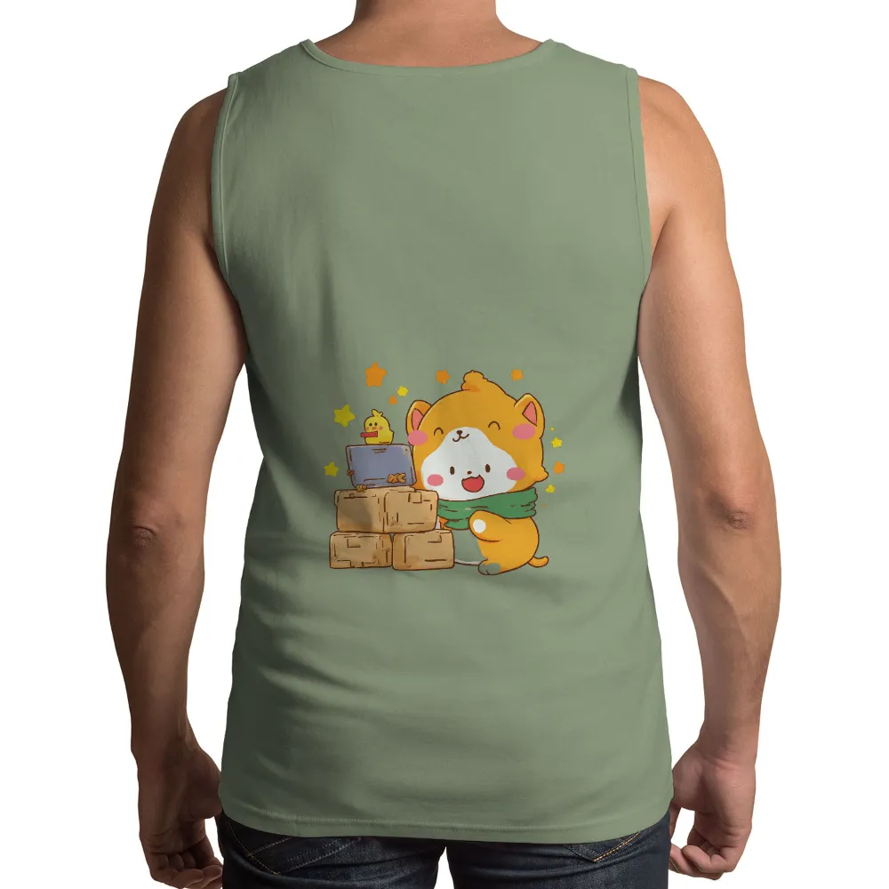 T-Shirts Design: Whimsical Animal Character with Cardboard Boxes| playful yellow bird