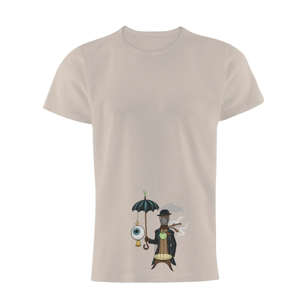 Shirts Graphic Tees: Enigmatic Figure with Glowing Eye Umbrella and Birdcage| dark coat