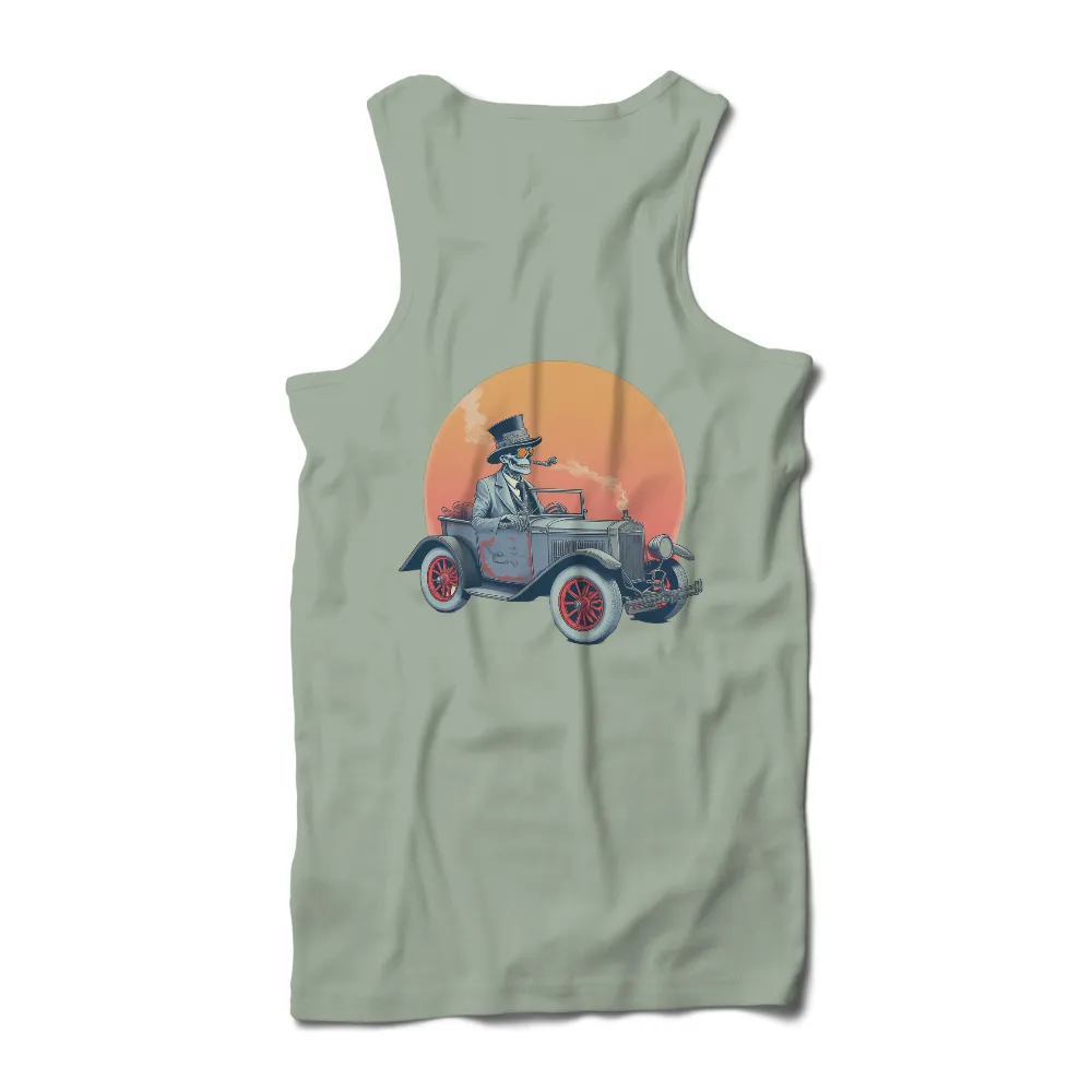 Vintage Skeleton Design with Classic Car and Warm Orange Sun|roblox skeleton shirt