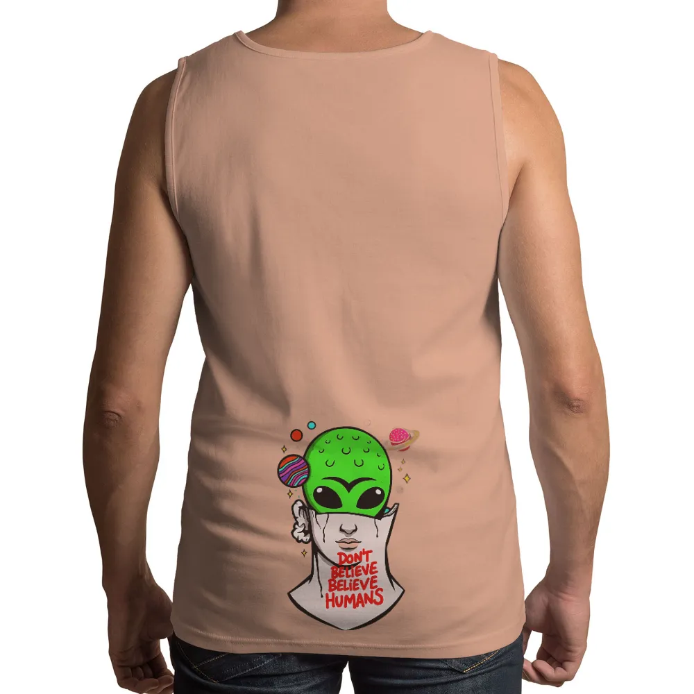 T-Shirts Design: Don't Believe Humans - Alien Brain, Planets, Stars| Vibrant planets and stars