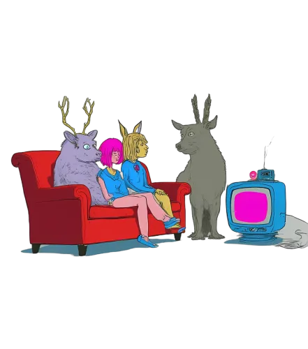 Vintage Nostalgia with Mythical Creatures Watching Retro TV