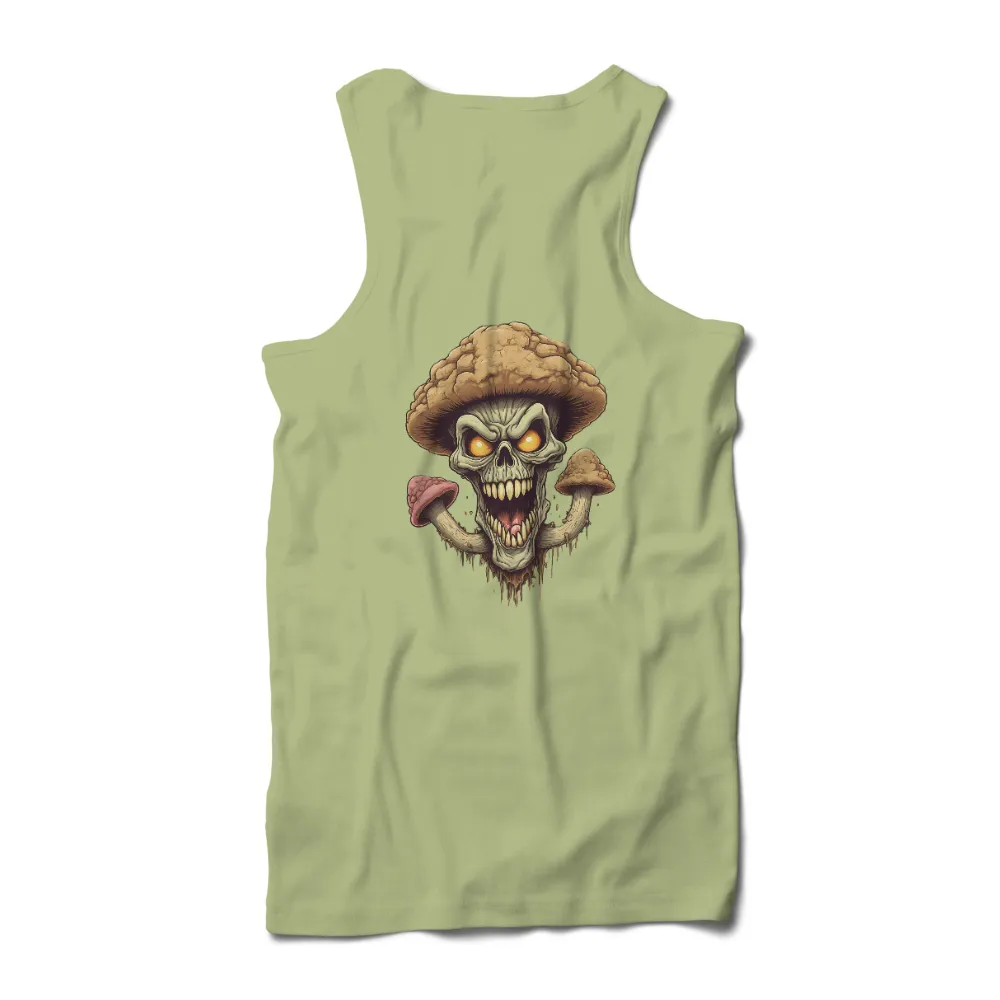 Graphic Tees: Mushroom Guardian - Artistic Designs|Skull-like creature with glowing eyes