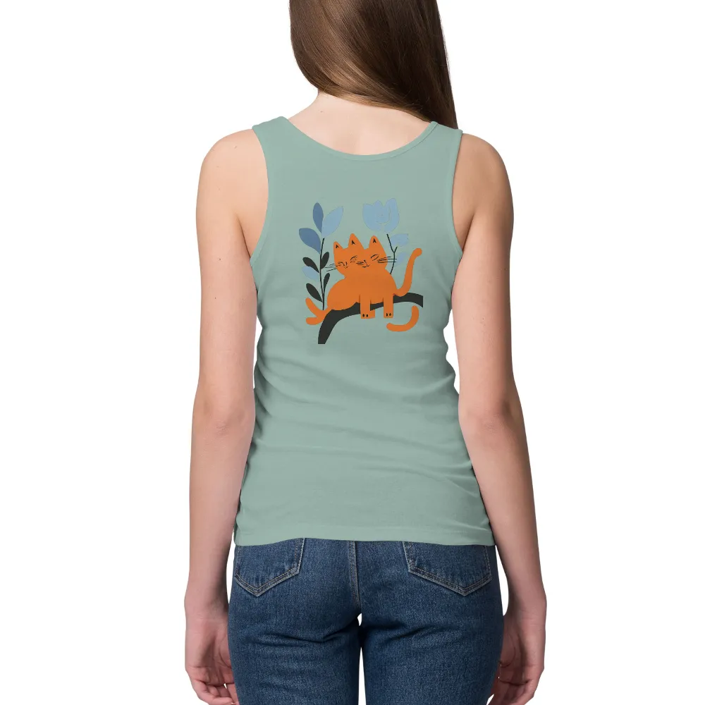 T-Shirts Design: Orange Cat in Nature | Minimalist Art| Blue flowers and leaves