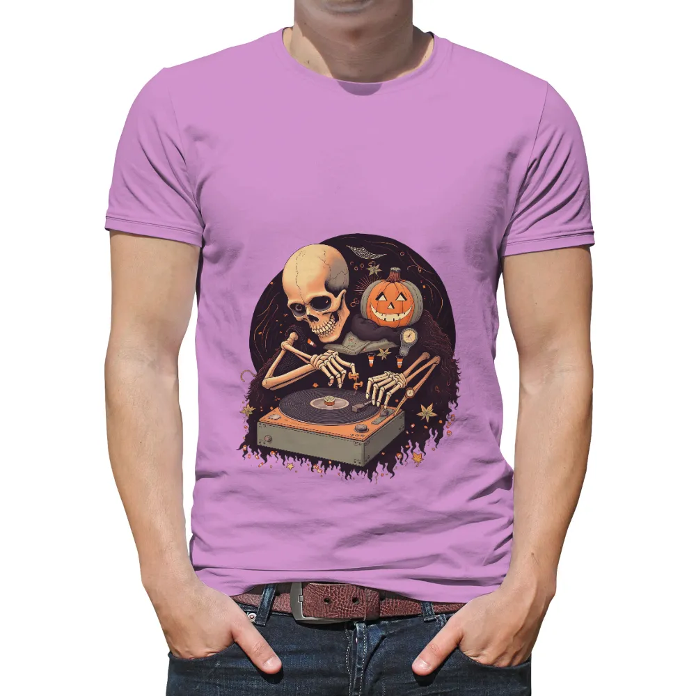 Tee Shirts Printed: Halloween Skeleton DJ | Vinyl Records & Pumpkin Fun| cheerful pumpkin