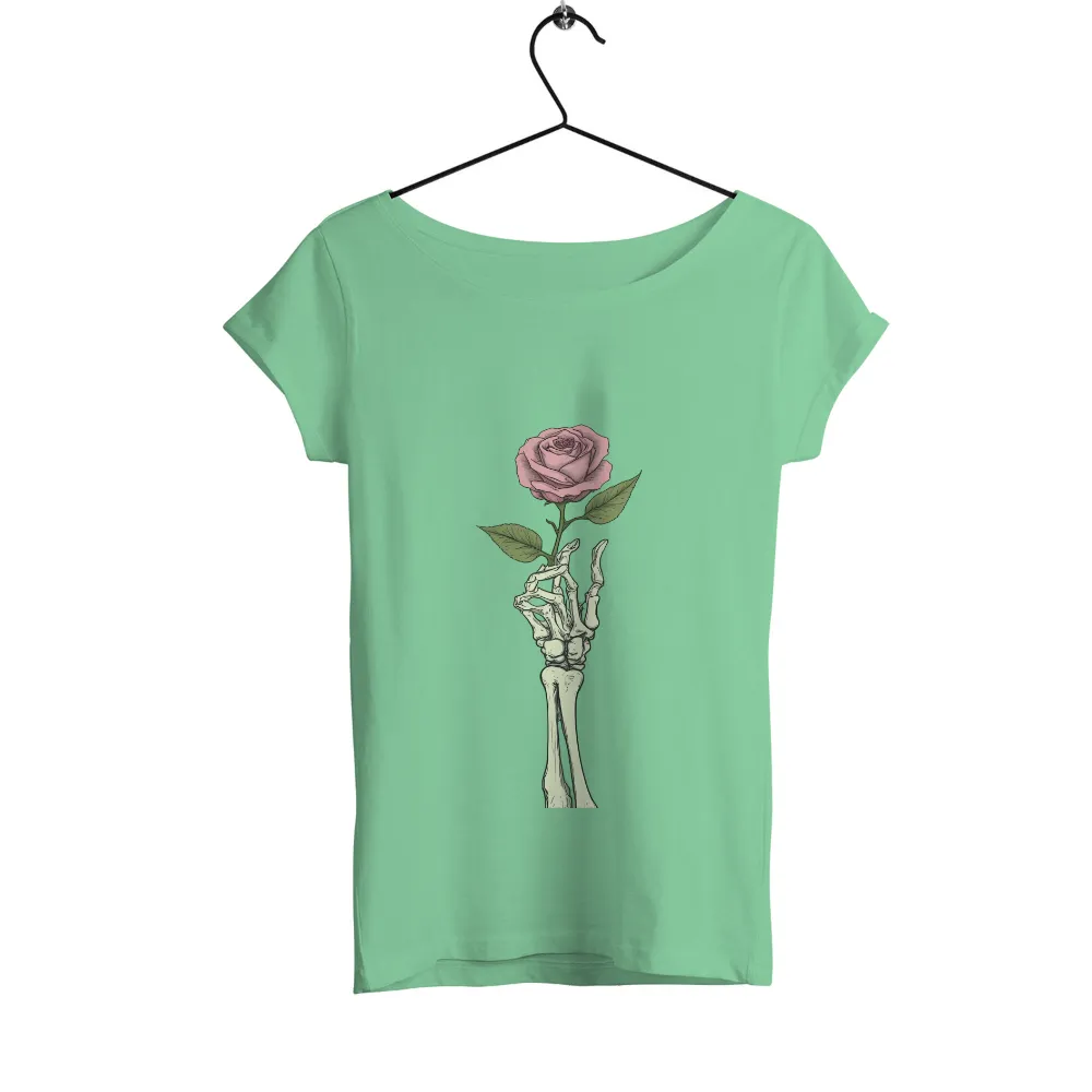 Custom Tee Shirts: Skeletal Hand Holding Pink Rose - Artistic Contrast|its been emotional t shirt