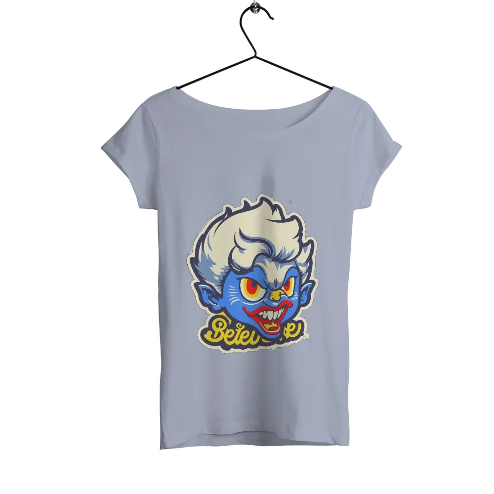 Customized Tee Shirts: Believe in the Magic with Mischievous Creature|Mischievous blue creature with wild white hair