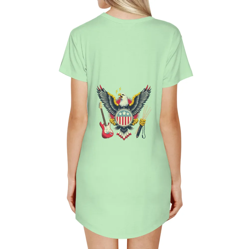 TShirt Printing: Rock and Roll Spirit with Eagle, Guitar, and Drumsticks| stars and stripes