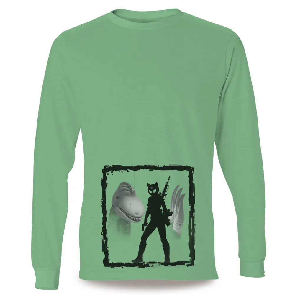 TShirt Design: Cat-Masked Character & Shark - Cyberpunk Thriller|Cat-masked character with a rifle