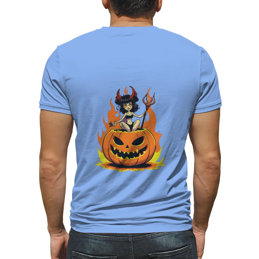 Custom T-Shirt Printing: Halloween Devil Girl with Jack-O-Lantern|Halloween-themed T-shirt design