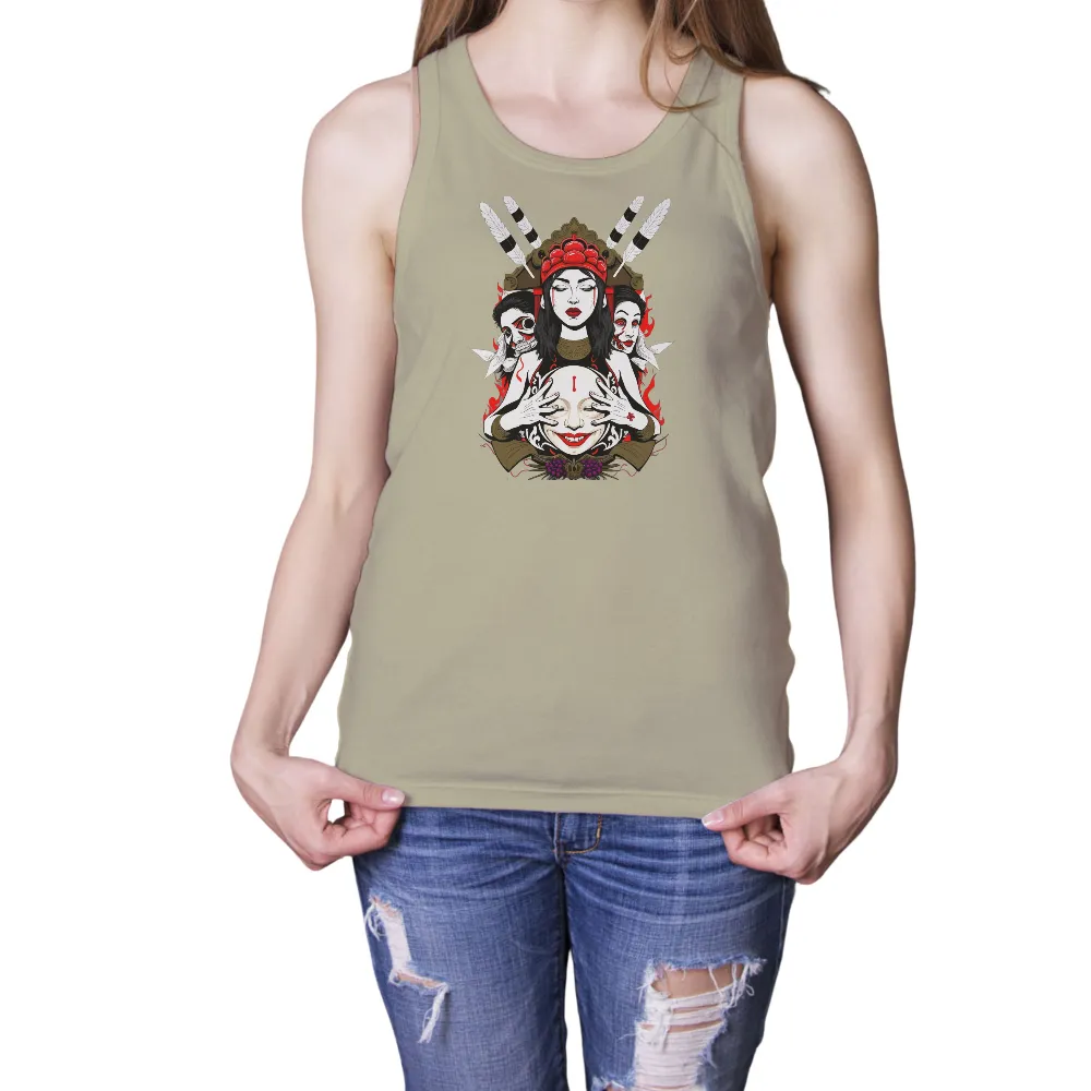 Custom Tee Shirts: Enigmatic Figure with Feathers and Flames| skeletal figure