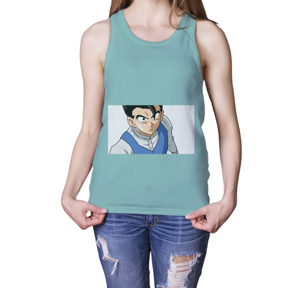 Shirts Graphic Tees: Anime Character with Determination|cartoon character with blue shirt