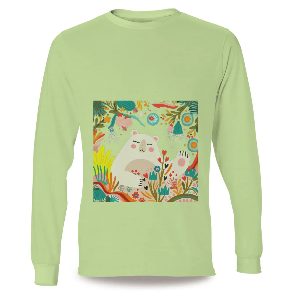 T-Shirts Custom: Whimsical White Bear in a Colorful Forest|peace love santa shirt